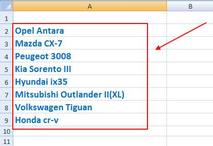 Создаем список элементов для выпадающего списка в Excel